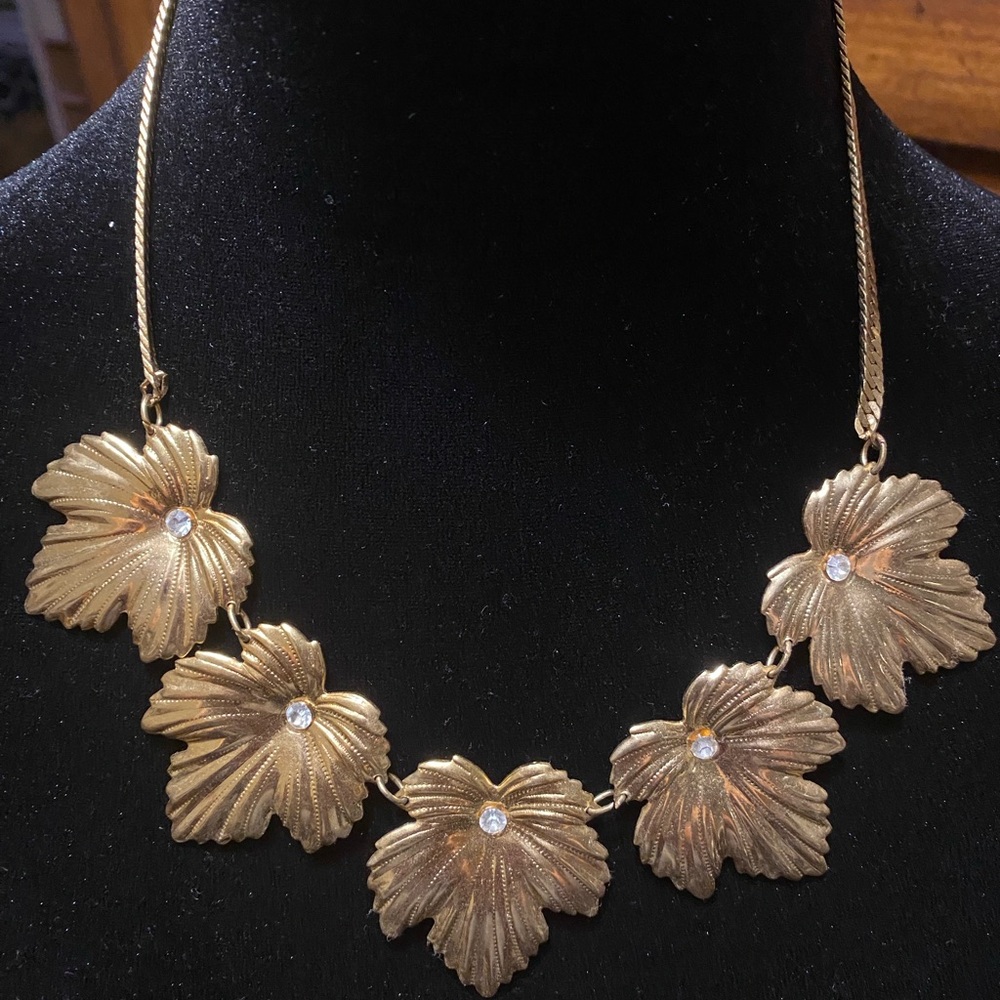 Vintage Maple Leaf Bib with Rhinestones on Chain Necklace